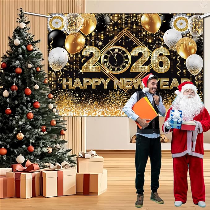 New Years Eve Party Backdrop for 2026, Gold Happy New Year Photo Background Great New Yeras Decorations for Outdoor Indoor Home Wall 7x5ft