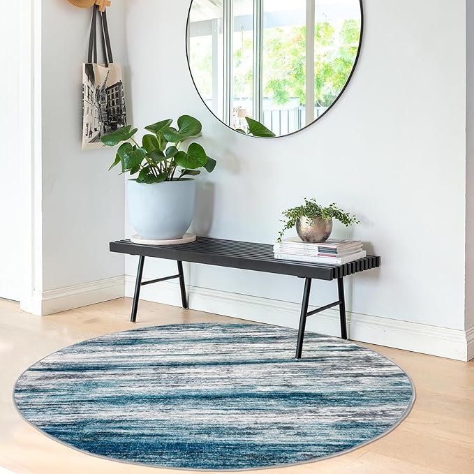 KOZYFLY Abstract Round Washable Rug 3Ft, Modern Kitchen Non-Slip Soft Small Bathroom Circle Rug, Blue Striped Entryway Rugs Print Faux Wool Doormat for Bedside Entrance Bedroom Sink