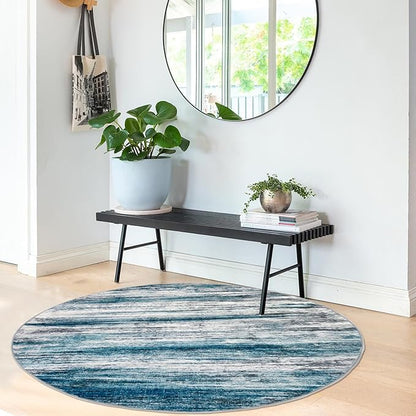 KOZYFLY Abstract Round Washable Rug 3Ft, Modern Kitchen Non-Slip Soft Small Bathroom Circle Rug, Blue Striped Entryway Rugs Print Faux Wool Doormat for Bedside Entrance Bedroom Sink