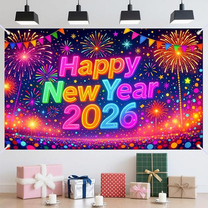 Nuxovilar Happy New Year 2026 Banner, Colorful Backdrop for Party Decorations, 71x43 Inch