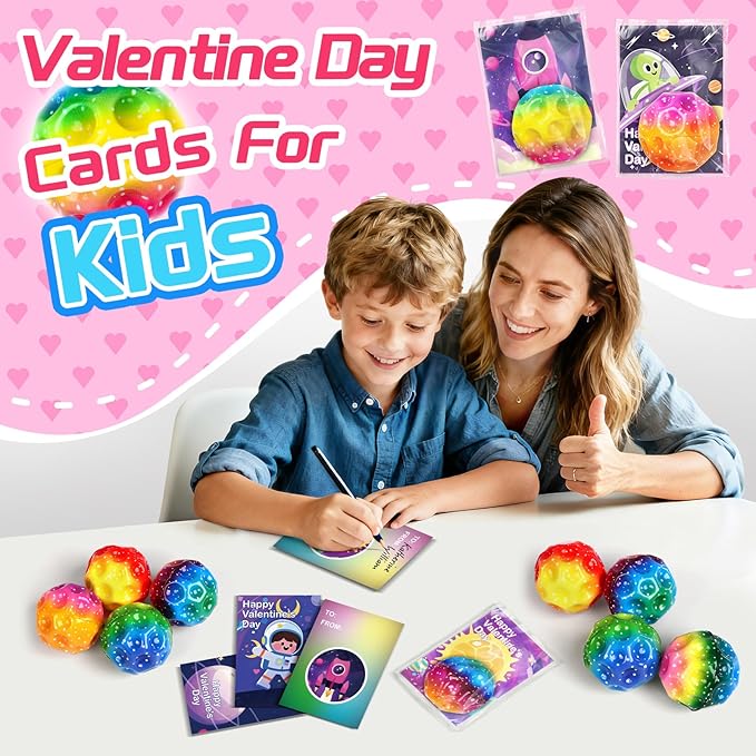 24 Pcs Valentine’s Day Gift Moon Bouncy Balls Bulk with Cards Multicolored Stress Space Balls Party Favors School Classroom Exchanges Goodie Bags Outdoor Sport Toys for Toddlers Boys Girls Kids Teens
