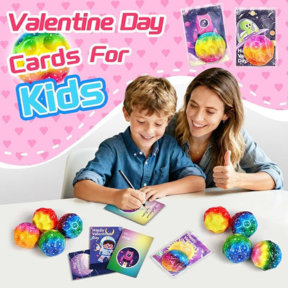24 Pcs Valentine’s Day Gift Moon Bouncy Balls Bulk with Cards Multicolored Stress Space Balls Party Favors School Classroom Exchanges Goodie Bags Outdoor Sport Toys for Toddlers Boys Girls Kids Teens