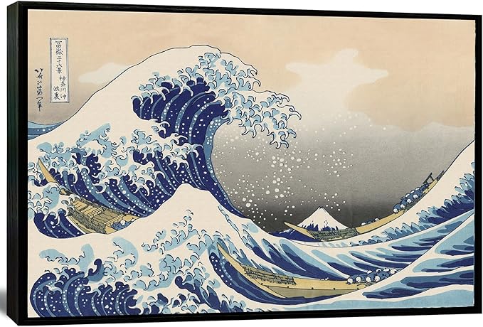 The Great Wave off Kanagawa by Katsushika Hoki Wall Art Decor, Classic Painting Black Framed Seascape Canvas Print Pictures, Modern Japanese Artwork for Bedroom Living Room Decoration - 24"x36"