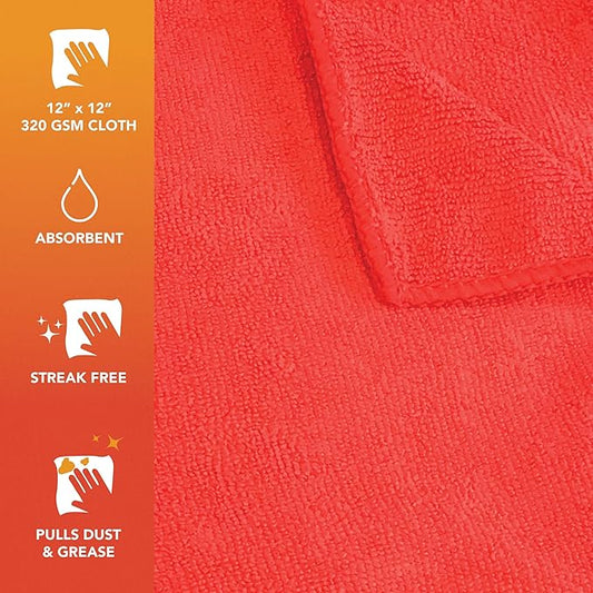 Arkwright Microfiber Cleaning Cloths - (Pack of 12) Lint & Streak-Free Drying Wash Towels, 320 GSM Super Absorbent & Quick Dry, Perfect Cleaner for Car, Glass, and Window, 12 x 12 in, Red