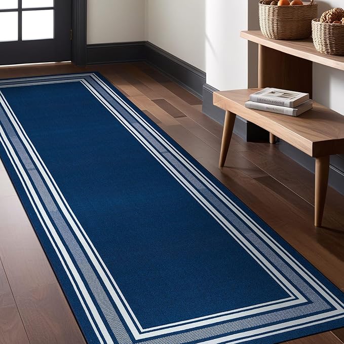 Modern Bordered Non Slip Indoor Runner Rugs for Living Room 2x5 Area Rugs for Kitchen, Rug for Bedroom, and Hallway, Stain Resistant Easy Cleaning Non Shedding Navy 2 x 5