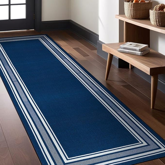 Modern Bordered Non Slip Indoor Runner Rugs for Living Room 2x7 Area Rugs for Kitchen, Rug for Bedroom, and Hallway, Stain Resistant Easy Cleaning Non Shedding Navy 2 x 7