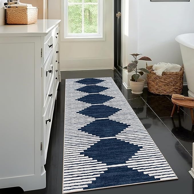 HelloTree Hallway Runner Rug，2x8 Moroccan Modern Stripe Carpet Washable Machine Bathroom Runner Bohemian Design Modern Soft Non Slip Indoor Rug for Entryway Hallway Laundry Room Bedroom-Blue