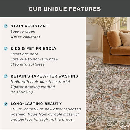 Washable 10x14 Living Room Rug - Moss Green Large Area Rug for Dining Room Under Table, Low Pile Non-Slip Floor Carpet for Bedroom Under Bed - Neutral Taupe Design & Stain Resistance