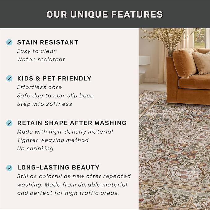 Washable Living Room Rug 10x12 - Moss Green Oriental Area Rug for Dining Room Under Table, Low Pile Non-Slip Floor Carpet for Bedroom Under Bed - Vintage Earthy Design & Stain Resistance