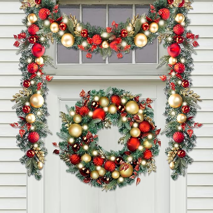 WANNA-CUL Pre-Lit 30 Inch Large Christmas Wreath for Front Door with 50 Led Lights,Luxury Red Gold Lighted Christmas Door Wreath Decor with Ball Ornaments, Battery Operated