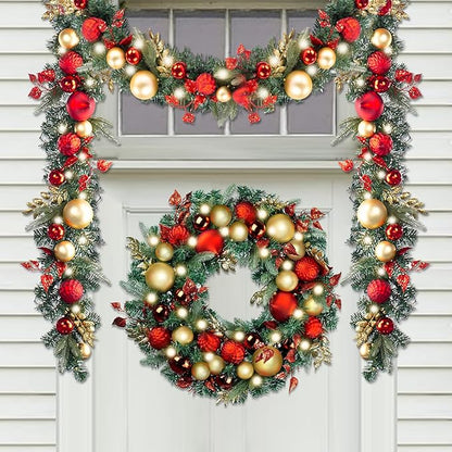 WANNA-CUL Pre-Lit 30 Inch Large Christmas Wreath for Front Door with 50 Led Lights,Luxury Red Gold Lighted Christmas Door Wreath Decor with Ball Ornaments, Battery Operated