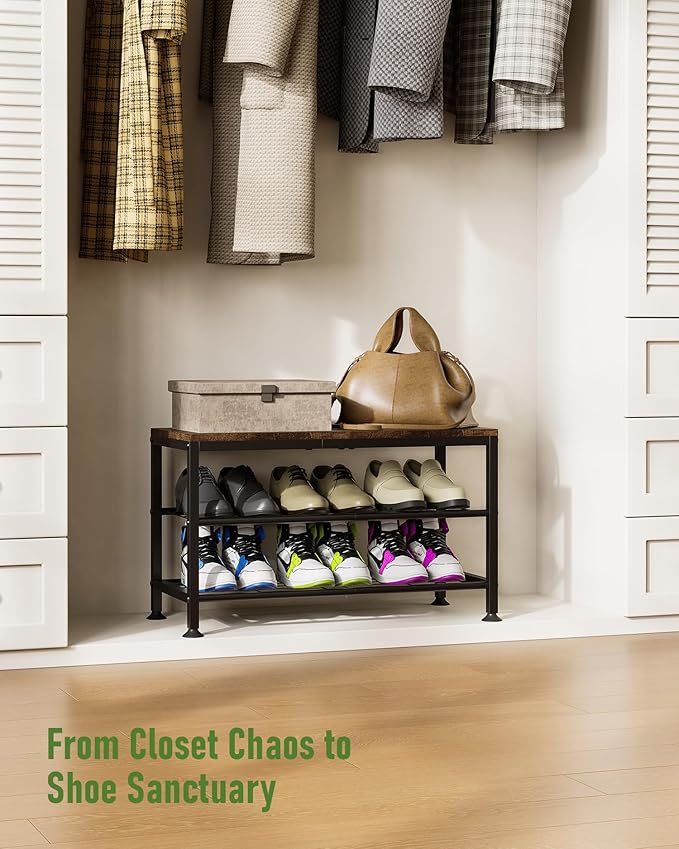 3-Tier Shoe Rack Bench - Entryway Organizer with Shoe Storage, Sturdy Shoe Shelf for Front Door, Small Space Saving Furniture, Brown, 27.2" x 12.0" x 15.9"