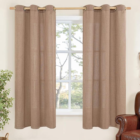 YoungsTex Linen Curtains 63 Inches Length for Short Living Room, Mocha Light Filtering Semi Sheer Drapes with Bronze Grommet for Bedroom, 2 Panels, 42 X 63 Inch