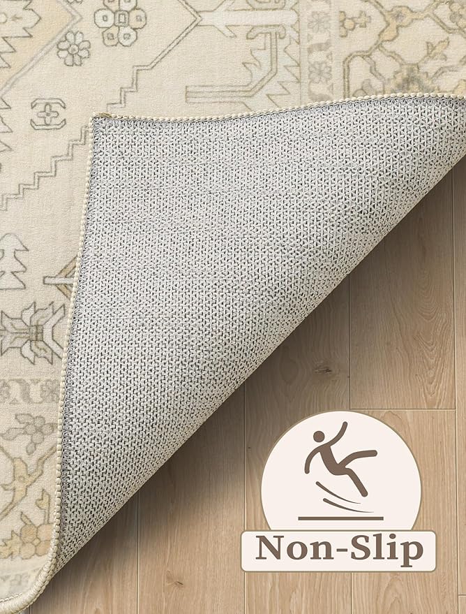 SERISSA Runner Rug for Hallways, 2'6"x10' Washable Non Slip Kitchen Runner Rug, Long Boho Rug Vintage Beige Hallway Stair Ultra Soft Print Floor Carpet for Bedroom Bathroom Laundry Room