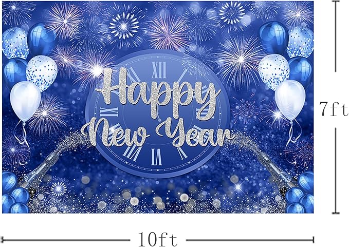 MEHOFOND 10x7ft Happy New Year Backdrop Blue 2026 New Year Eve Party Decorations Banner Supplies Shining Champagne Balloons Firework Photography Background Photo Studio Props