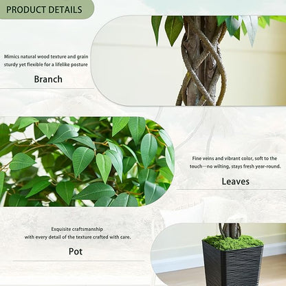 Artificial Ficus Tree 6FT Faux Plants Indoor Tall Fake Plants with Black Square Planter, Green Lifelike Lush Fake Ficus Tree for Home Living Room Bedroom Outdoor Balcony House Office Decor