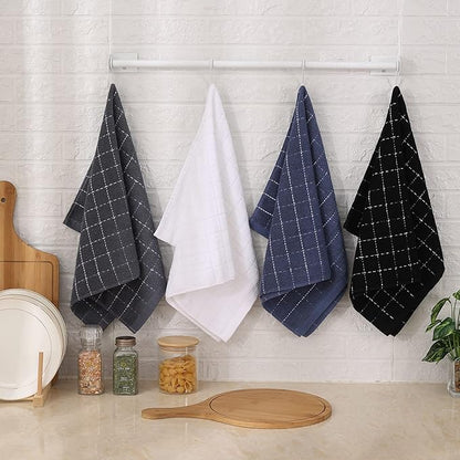 Mordimy 100% Cotton Terry Cloth Kitchen Towels, Super Soft and Absorbent Dish Towels for Drying, Checkered Designed Hand Towels for Kitchen, 16 x 26 Inches, 4 Pack, Grey