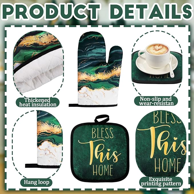 10 Pcs Christmas Marble Farmhouse Kitchen Decor Accessories Set Marble Kitchen Dish Towels Rugs Oven Mitts and Pot Holders Sets for Cooking Baking Daughter Mom Gift(Green)