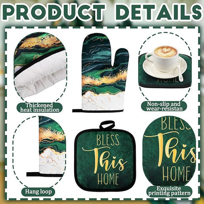 10 Pcs Christmas Marble Farmhouse Kitchen Decor Accessories Set Marble Kitchen Dish Towels Rugs Oven Mitts and Pot Holders Sets for Cooking Baking Daughter Mom Gift(Green)