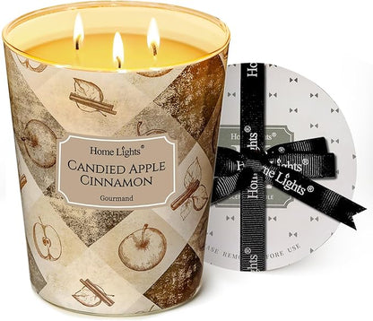 HomeLights Scented Candles | Large Jar 34 Oz Natural Soy Candle | 130 hrs Long-Lasting with 3 Wicks | Rustic Modern Home Decor | Gifts for Mom & Women, Candied Apple Cinnamon