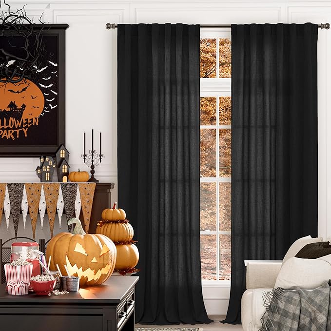 YoungsTex Black Linen Curtains 90 Inch Length for Living Room, Light Filtering Window Drapes with Rod Pocket Back Tab for Office Bedroom, 2 Panels, 52 X 90 Inch