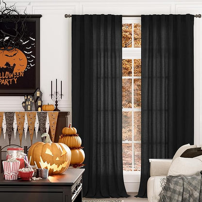 YoungsTex Black Linen Curtains 90 Inch Length for Living Room, Light Filtering Window Drapes with Rod Pocket Back Tab for Office Bedroom, 2 Panels, 52 X 90 Inch