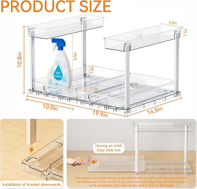 Yieach 2-Tier Under Sink Organizers and Storage,2 Pack Bathroom Cabinet Organization,Pull Out Shelves Drawers for Undersink Cleaning Supplies Organizer,Inder Sink Cabinet Storage for Kitchen,Clear