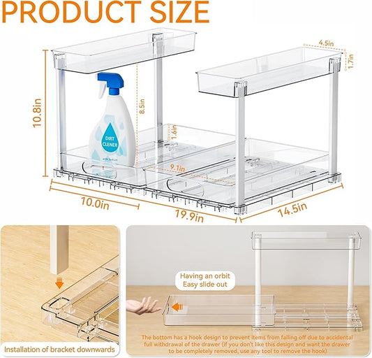 Yieach 2-Tier Under Sink Organizers and Storage,2 Pack Bathroom Cabinet Organization,Pull Out Shelves Drawers for Undersink Cleaning Supplies Organizer,Inder Sink Cabinet Storage for Kitchen,Clear