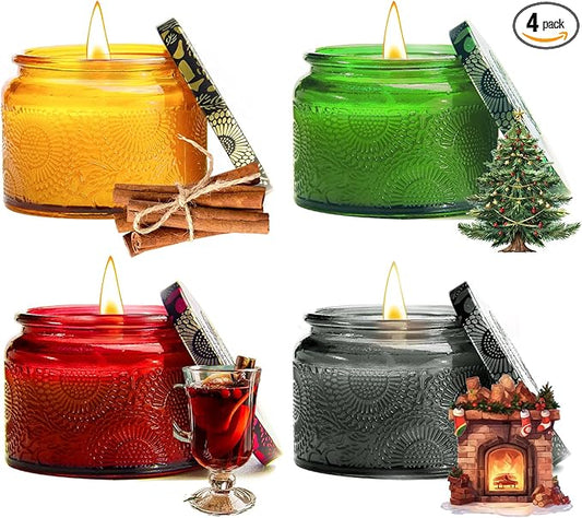 Christmas Scented Candles Gift Set - Holiday Soy Wax Candles with Festive Scents - Christmas Tree, Fireplace, Cinnamon, Mulled Wine - Great Gifts for Women, Home Decor, 4 Pack