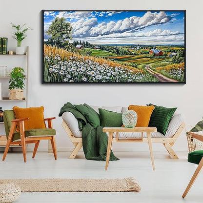 HKDGOKA Large Wall Art Living Room, Mountains Flower Landscape Blue Sky Clouds Landscape Canvas Paintings Cottage Framed Artwork for Bedroom Office Kitchen Room Wall Pictures Decor 29x58 IN
