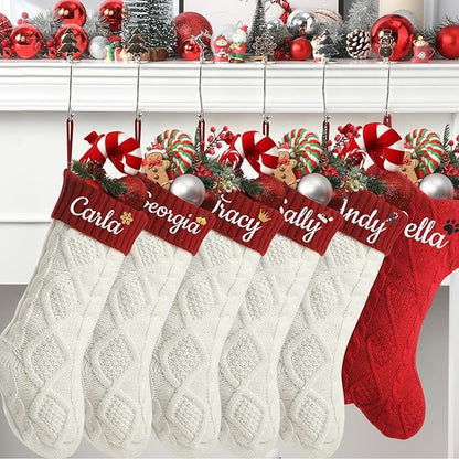 Personalized Christmas Stockings,Custom Embroidered Name+Logo Xmas Knitted Stockings 18'',Holiday and Family Stocking for Fireplace Christmas Holiday Party Decoration 1-6Pack（White Red）