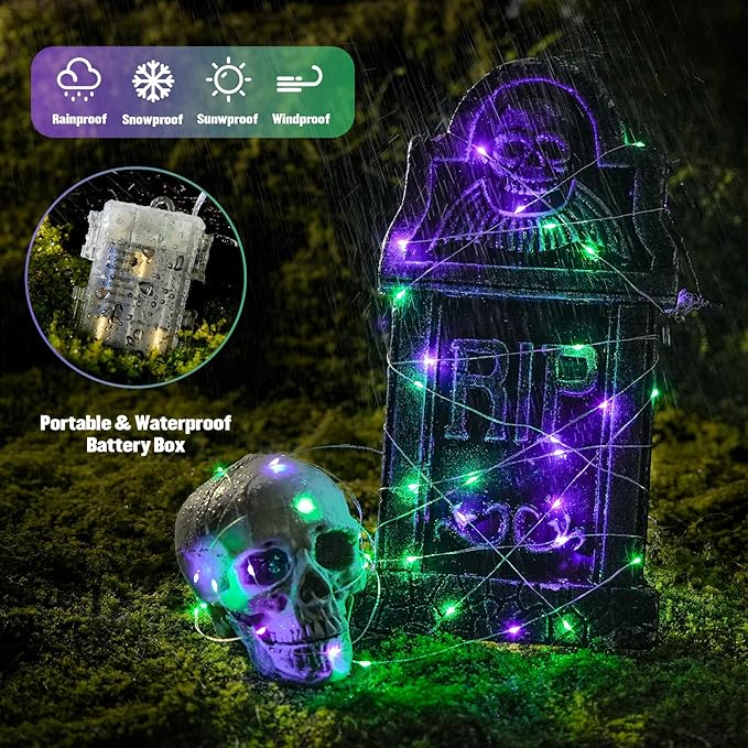 JMEXSUSS Halloween Lights Battery Operated, 2 Pack 100 LED 33ft Halloween Fairy Lights with Remote, 8 Modes Twinkle String Light for Fireplace Porch Tree Centerpiece Wreath Decor, Purple and Green