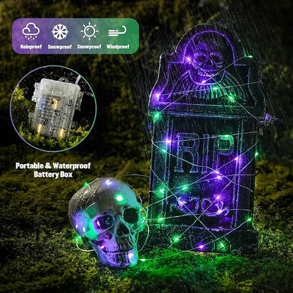JMEXSUSS Halloween Lights Battery Operated, 2 Pack 100 LED 33ft Halloween Fairy Lights with Remote, 8 Modes Twinkle String Light for Fireplace Porch Tree Centerpiece Wreath Decor, Purple and Green