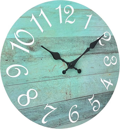 Plumeet Small Wall Clock, 10'' Frameless Wooden Wall Clocks with Silent Quartz Movement, Rustic Coastal Country Village Clocks Decorative for Kitchen Bedroom Living Room, Green
