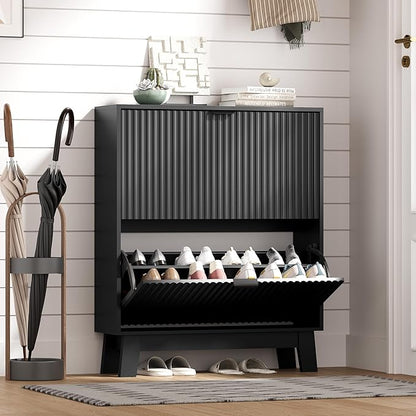 Shoe Cabinet Storage for Entryway with 2 Flip Drawers, Fluted Narrow Shoe Organizer with Wooden Legs, Freestanding Slim Shoe Storage Hidden Shoe Rack Organizer for Front Door Entrance, Black