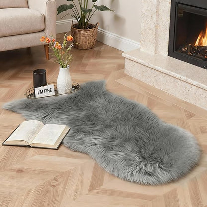 GENIMO 2x3 Fluffy Faux Fur Rug, Ultra Soft Shaggy Sheepskin Rug, Area Rugs for Bedroom, Living Room, Home Office, Light Grey
