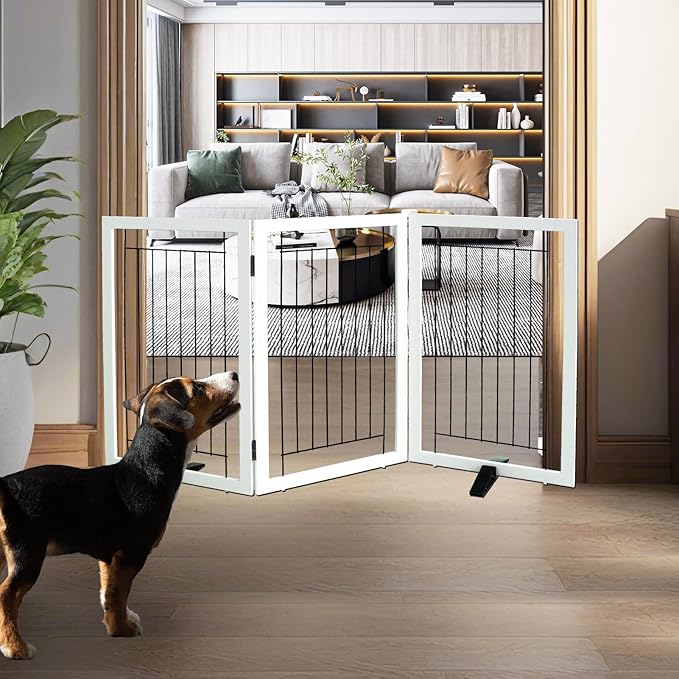 ZJSF Freestanding Dog Gate Indoor, Foldable Dog Fence for Doorways,Hallways or Stairs, Sturdy Wood Extra Wide Pet Gate with Support Feet,White,32 "Height-3 Panels