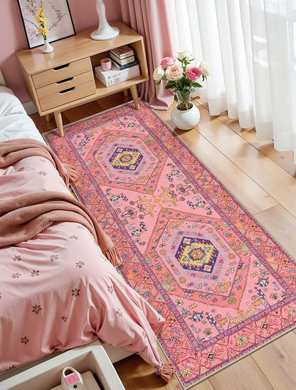 SERISSA Washable Kitchen Runner Rug, 2x6 Non-Slip Fuchsia Pink Runner Rugs for Hallway, Ultra Soft Cute Boho Aesthetic Low-Pile Floor Carpet for Bedroom Bathroom Laundry Living Room