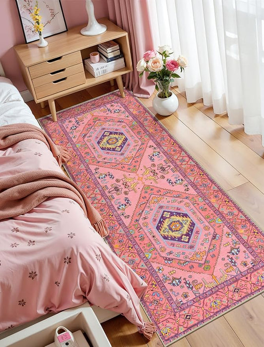 SERISSA Washable Kitchen Runner Rug, 2x6 Non-Slip Fuchsia Pink Runner Rugs for Hallway, Ultra Soft Cute Boho Aesthetic Low-Pile Floor Carpet for Bedroom Bathroom Laundry Living Room