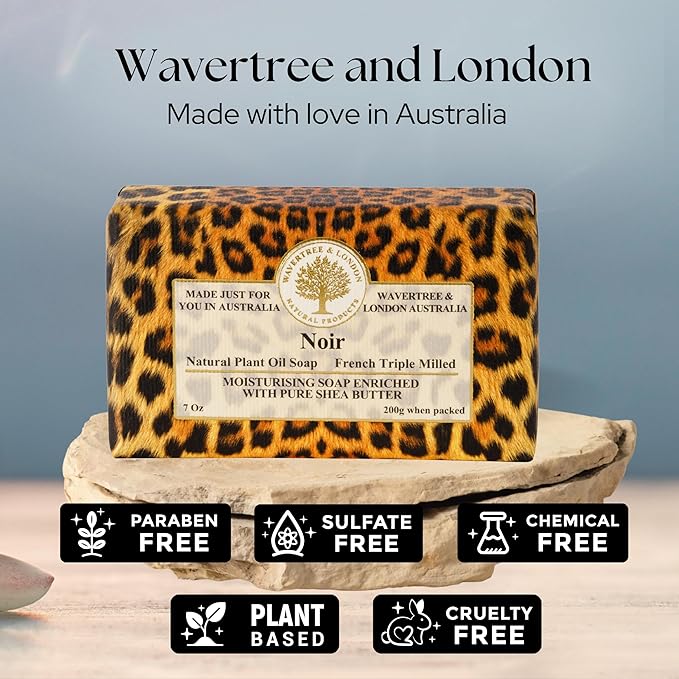 Wavertree & London Noir Scented Natural Soap Bar, 7oz Moisturizing French Triple Milled Soap Bar for Women & Men Enriched with Organic Shea Butter, Pure Bath & Body Soap (1 Bar)