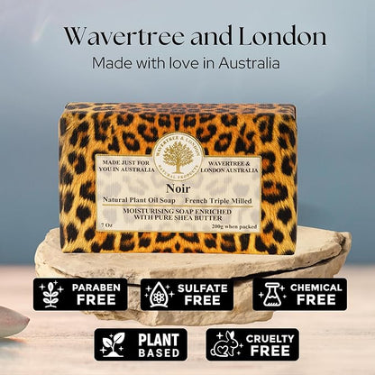 Wavertree & London Noir Scented Natural Soap Bar, 7oz Moisturizing French Triple Milled Soap Bar for Women & Men Enriched with Organic Shea Butter, Pure Bath & Body Soap (1 Bar)