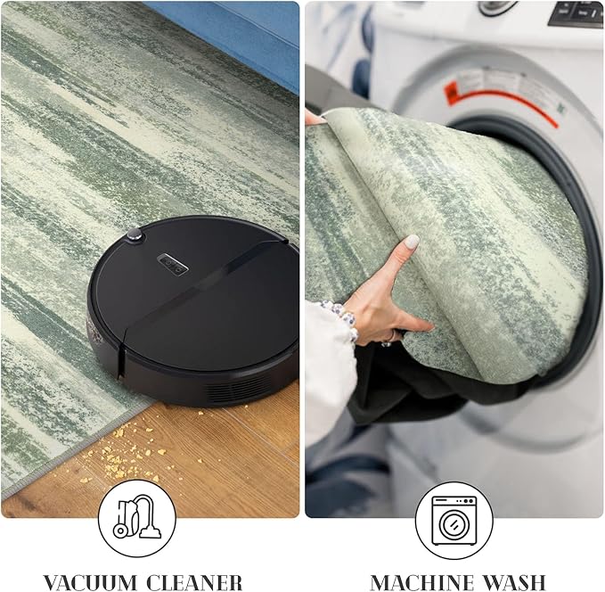 Modern Abstract Runner Rug 2x5, Sage Green Grey Washable Kitchen Runner Entryway Rug Mat Non-Slip Soft Hallway Rug Runner Thin Print Faux Wool Carpet for Bedroom Laundry Room Indoor