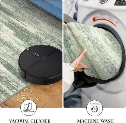 Modern Abstract Runner Rug 2x5, Sage Green Grey Washable Kitchen Runner Entryway Rug Mat Non-Slip Soft Hallway Rug Runner Thin Print Faux Wool Carpet for Bedroom Laundry Room Indoor