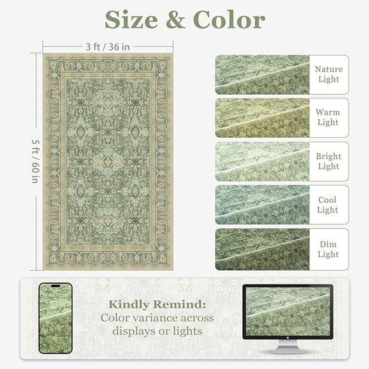 Sage Green 3x5 Entryway Rug Indoor, Boho Floral Moroccan Pattern Printed Throw Rugs for Nursery Bedroom Bedside, Low Pile Thin Non Slip Washable Area Rug for Kitchen Foyer Mudroom Dorm
