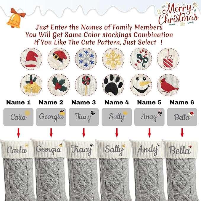 Personalized Christmas Stockings,Custom Embroidered Name+Logo Xmas Knitted Stockings 18'',Holiday and Family Stocking for Fireplace Christmas Holiday Party Decoration 1-6Pack（Grey White）