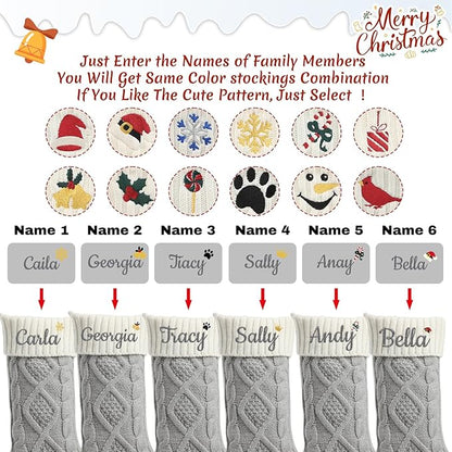 Personalized Christmas Stockings,Custom Embroidered Name+Logo Xmas Knitted Stockings 18'',Holiday and Family Stocking for Fireplace Christmas Holiday Party Decoration 1-6Pack（Grey White）