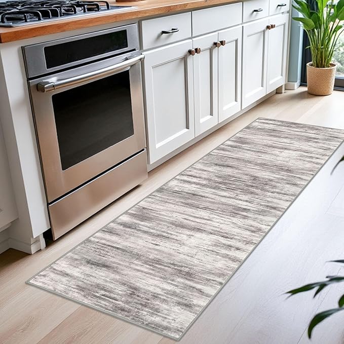KOZYFLY Modern Abstract Kitchen Runner Rug, 2x6 Washable Rug Runner Non-Slip Soft Striped Hallway Runner Rugs, Grey Beige Print Carpet Runner for Entryway Bathroom Laundry Room Foyer