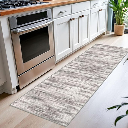 KOZYFLY Modern Abstract Kitchen Runner Rug, 2x6 Washable Rug Runner Non-Slip Soft Striped Hallway Runner Rugs, Grey Beige Print Carpet Runner for Entryway Bathroom Laundry Room Foyer
