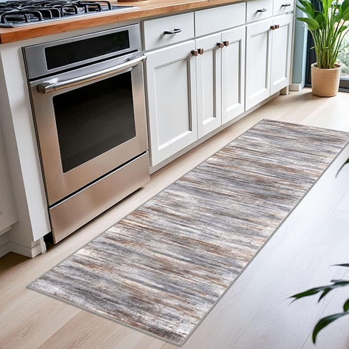 KOZYFLY Modern Abstract Kitchen Runner Rug, 2x6 Washable Rug Runner Non-Slip Soft Striped Hallway Runner Rugs, Grey Brown Print Carpet Runner for Entryway Bathroom Laundry Room Foyer