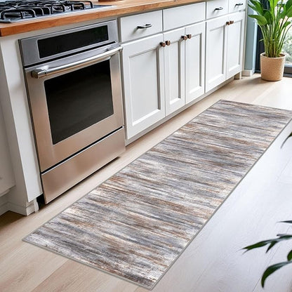 KOZYFLY Modern Abstract Kitchen Runner Rug, 2x6 Washable Rug Runner Non-Slip Soft Striped Hallway Runner Rugs, Grey Brown Print Carpet Runner for Entryway Bathroom Laundry Room Foyer